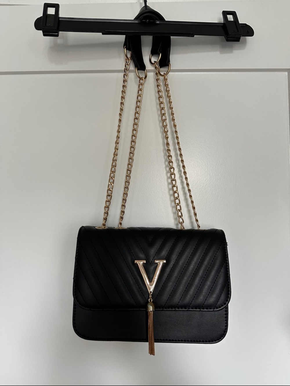 Black Quilted Chain Shoulder Bag with Gold V Accent